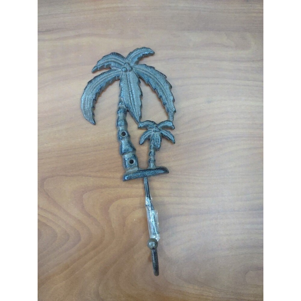 Palm Tree Towel Hook Key Cast Iron 9 1/2" tall Tropical Beach Green Rustic